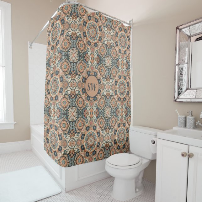 Colorful Traditional Moroccan Rug Pattern Shower Curtain (In Situ)