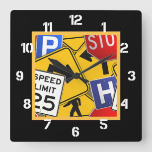 Colorful Traffic Signs Square Wall Clock
