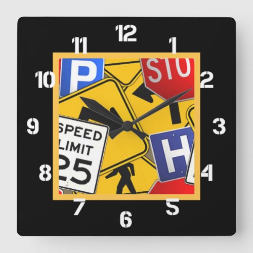 Colorful Traffic Signs Square Wall Clock