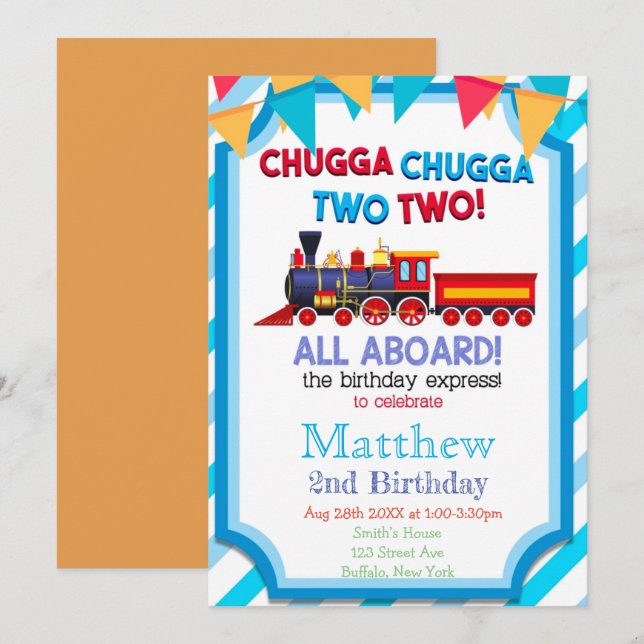 Colorful Train 2nd Birthday Party Invitations  (Front/Back)