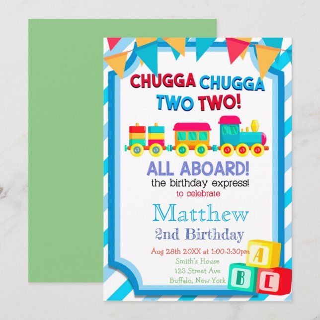 Colorful Train 2nd Birthday Party Invitations  (Front/Back)