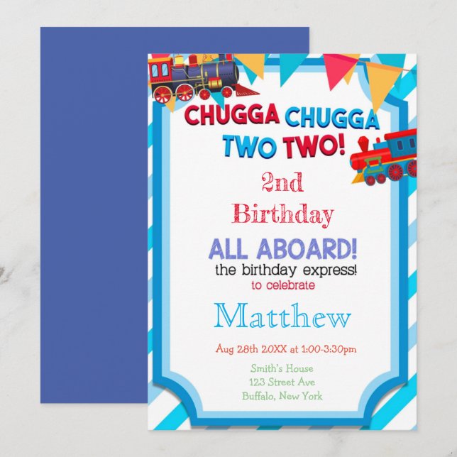 Colorful Train 2nd Birthday Party Invitations  (Front/Back)