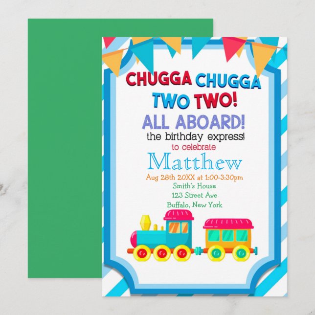 Colorful Train 2nd Birthday Party Invitations  (Front/Back)