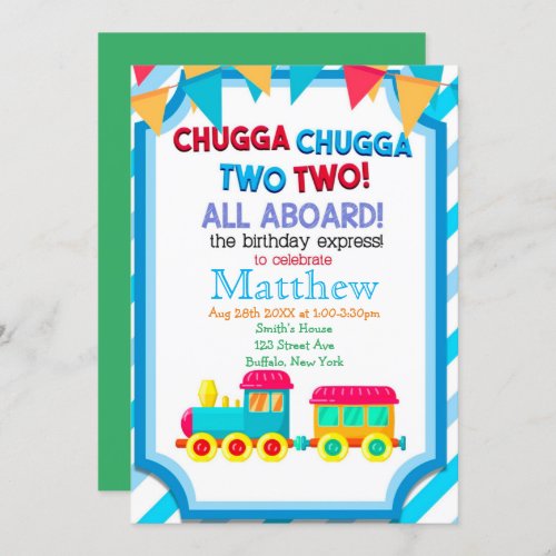 Colorful Train 2nd Birthday Party Invitations 