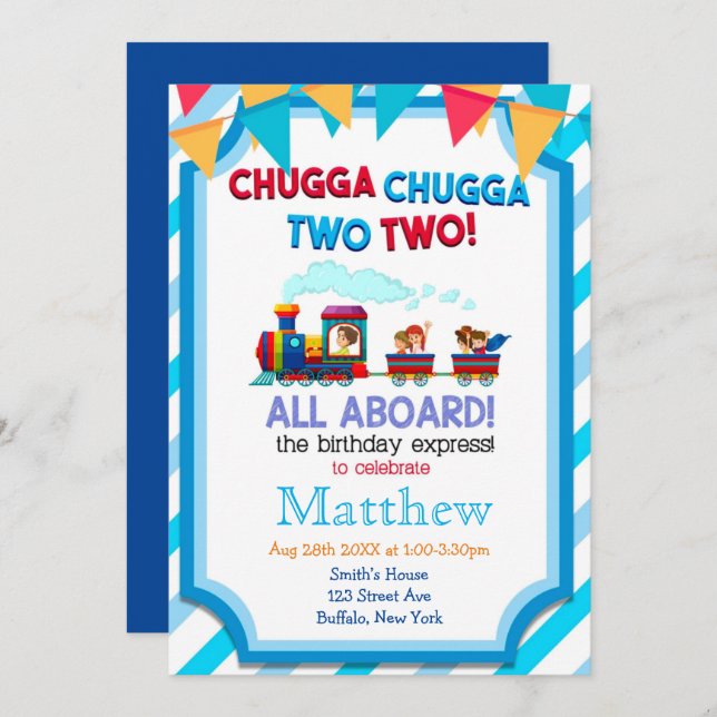 Colorful Train 2nd Birthday Party Invitations  (Front/Back)
