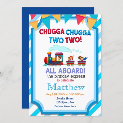 Colorful Train 2nd Birthday Party Invitations 