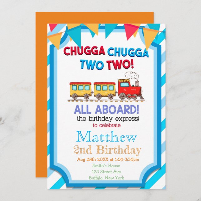 Colorful Train 2nd Birthday Party Invitations  (Front/Back)