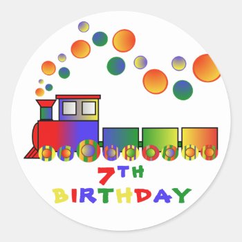 Colorful Train 7th Birthday Classic Round Sticker by ArtByApril at Zazzle