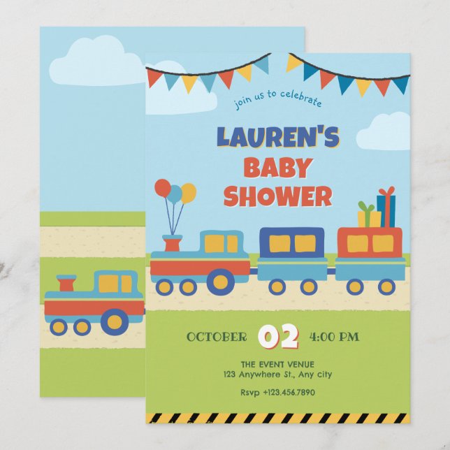 Colorful train baby shower invitation (Front/Back)