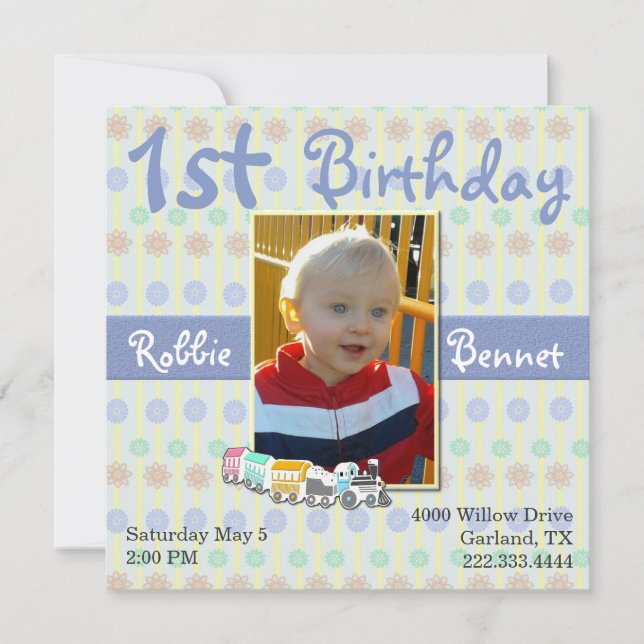 Colorful Train First Birthday Invitation (Front)