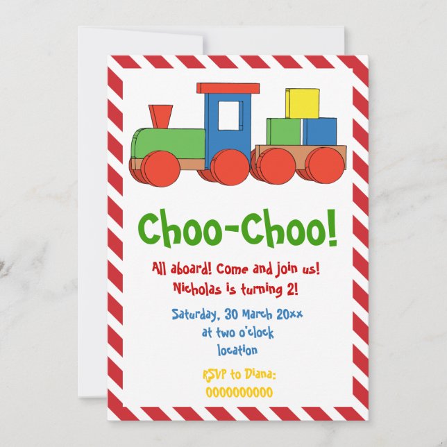 Colorful train kids birthday, red white stripes invitation (Front)