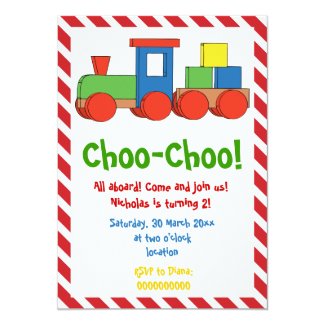 Colorful train kids birthday, red white stripes invitation