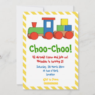 Colorful train kids birthday yellow, white stripes invitation