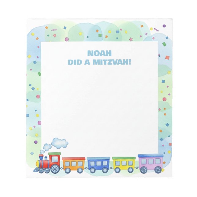 Colorful Train Themed Personalized Mitzvah  Notepad (Front)
