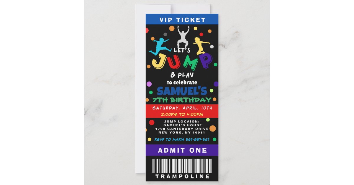 Colorful Trampoline Jump Birthday Ticket Invitation | Zazzle