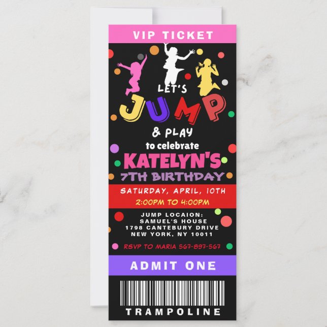 Colorful Trampoline Jump Birthday Ticket Invitation (Front)