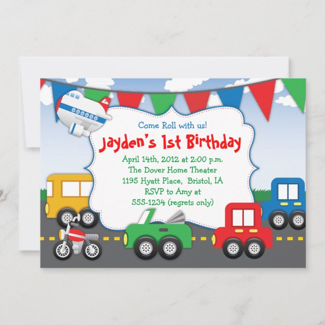 Colorful Transportation Themed Party Invitation (Front)