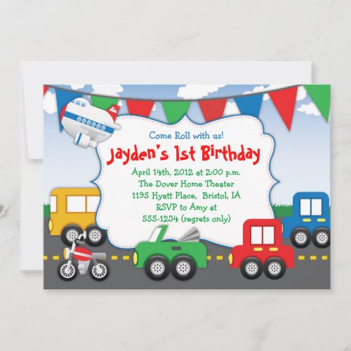 Colorful Transportation Themed Party Invitation