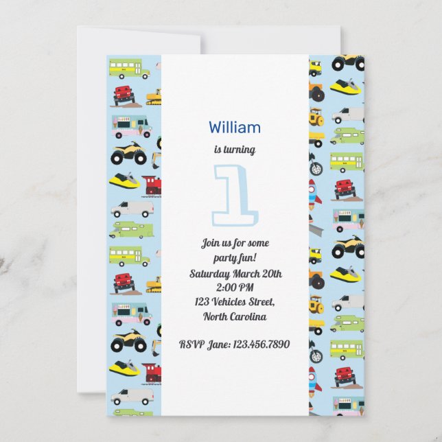 Colorful Transportation & Vehicles Birthday Invitation (Front)