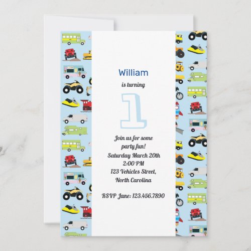 Colorful Transportation  Vehicles Birthday Invitation