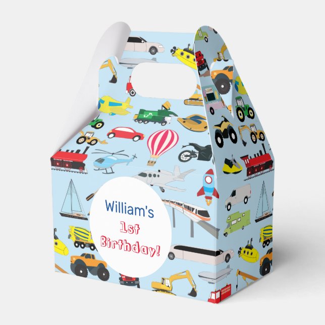 Colorful Transportation & Vehicles Kids Name Favor Boxes (Front Side)