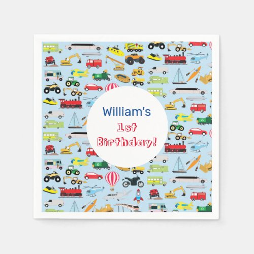 Colorful Transportation  Vehicles Kids Name Napkins