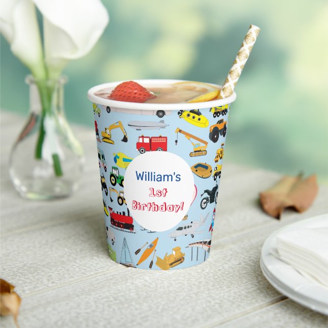 Colorful Transportation & Vehicles Kids Name Paper Cups (Insitu)
