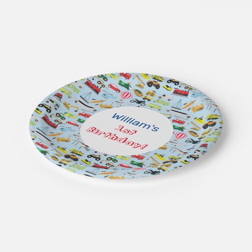 Colorful Transportation  Vehicles Kids Name Paper Plates