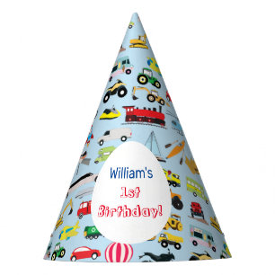 Colorful Transportation & Vehicles Kids Name Party Hat