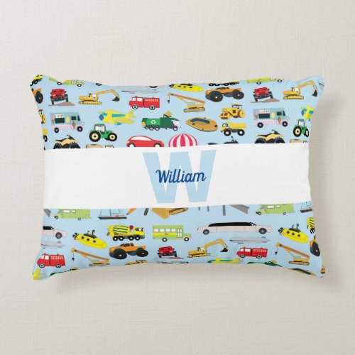 Colorful Transportation  Vehicles Kids Pattern Accent Pillow