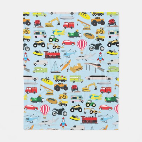 Colorful Transportation  Vehicles Kids Pattern  Fleece Blanket