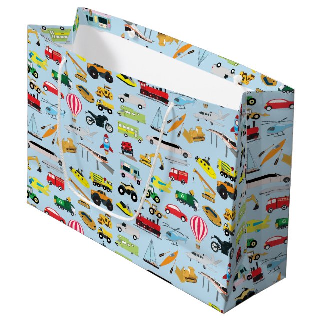 Colorful Transportation & Vehicles Kids Pattern Large Gift Bag (Front Angled)