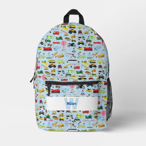 Colorful Transportation  Vehicles Kids Pattern Printed Backpack