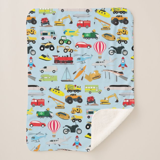 Colorful Transportation & Vehicles Kids Pattern Sherpa Blanket (Front)