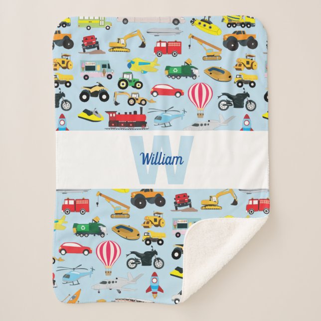 Colorful Transportation & Vehicles Kids Pattern Sherpa Blanket (Front)