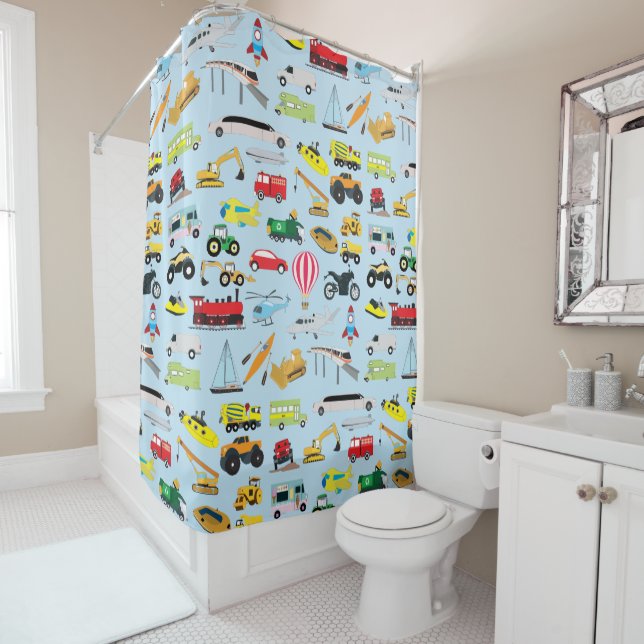 Colorful Transportation & Vehicles Kids Pattern Shower Curtain (In Situ)