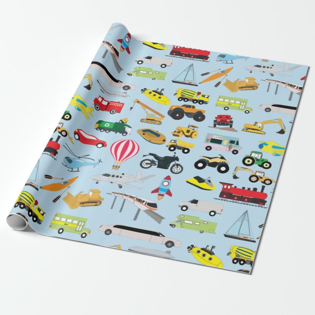 Colorful Transportation & Vehicles Kids Pattern Wrapping Paper (Unrolled)