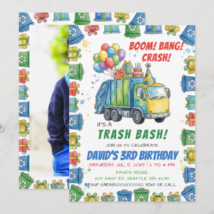 Colorful Trash Bash Garbage Truck Birthday Invitation