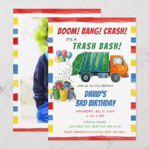 Colorful Trash Bash Garbage Truck Birthday Invitation
