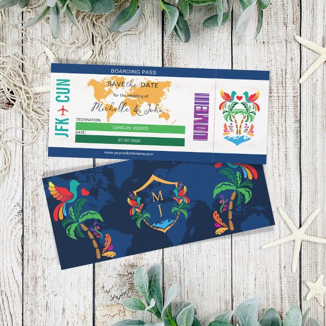 Colorful Travel Boarding Pass Mexico Save the Date Invitation (Creator Uploaded)