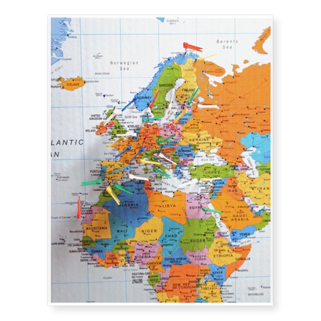 Colorful Travel Map Temporary Tattoos (Front)