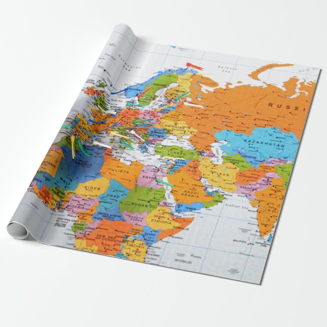 Colorful Travel Map Wrapping Paper (Unrolled)