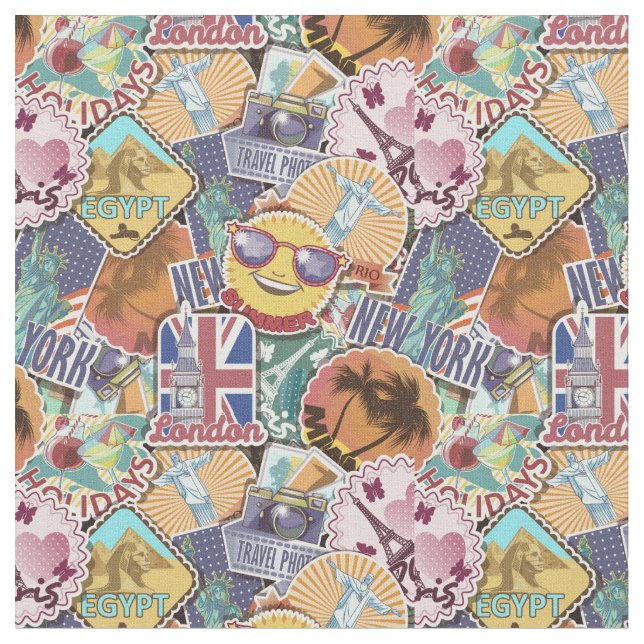 Colorful Travel Sticker Pattern Fabric (Close Up)