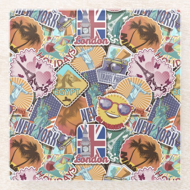 Colorful Travel Sticker Pattern Glass Coaster (Front)