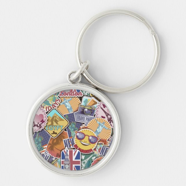 Colorful Travel Sticker Pattern Keychain (Front)