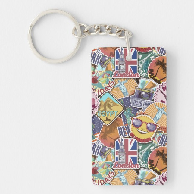 Colorful Travel Sticker Pattern Keychain (Front)