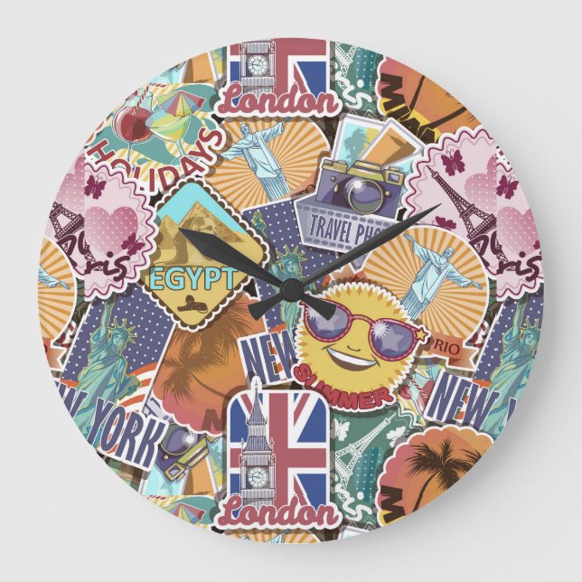 Colorful Travel Sticker Pattern Large Clock (Front)