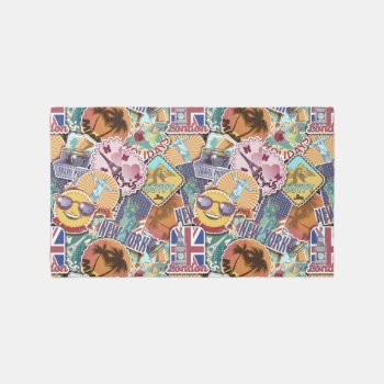 Colorful Travel Sticker Pattern Rug by adventurebeginsnow at Zazzle