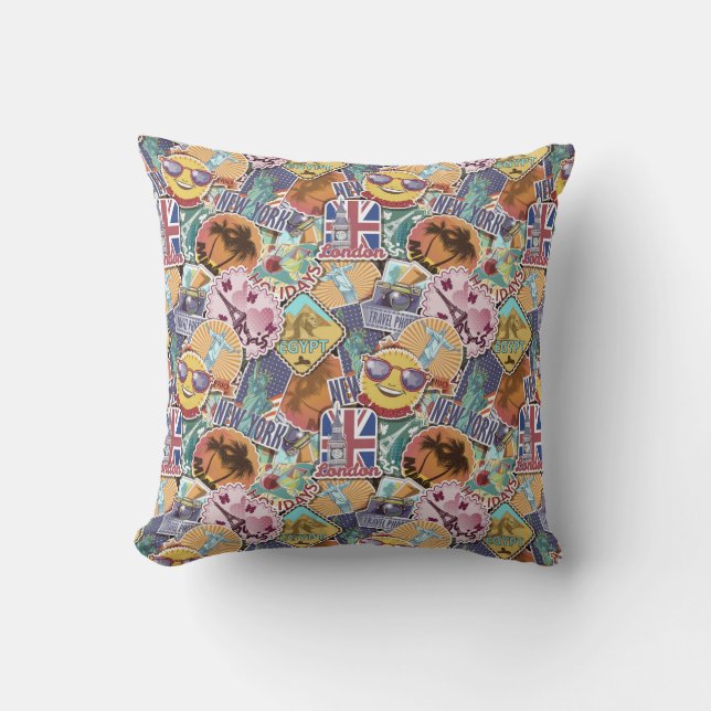 Colorful Travel Sticker Pattern Throw Pillow (Front)