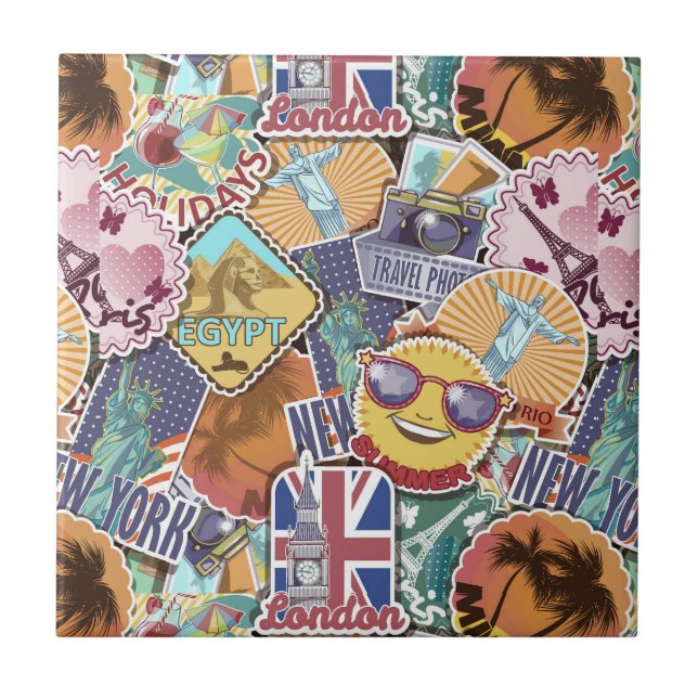 Colorful Travel Sticker Pattern Tile (Front)